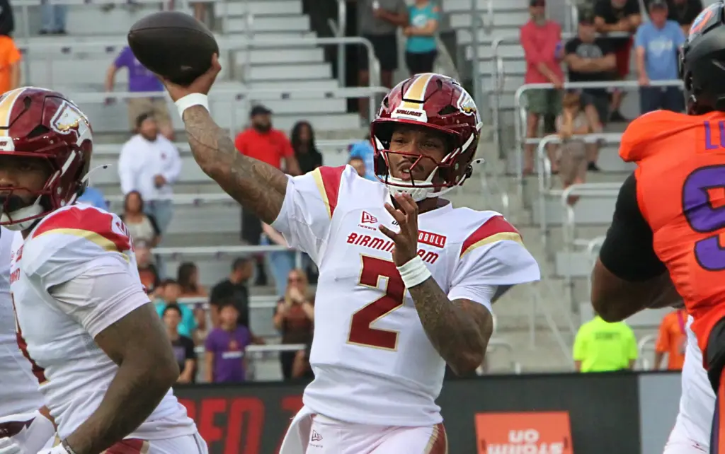 Birmingham quarterback Dorian Thompson-Robinson throws a pass during the Birmingham...