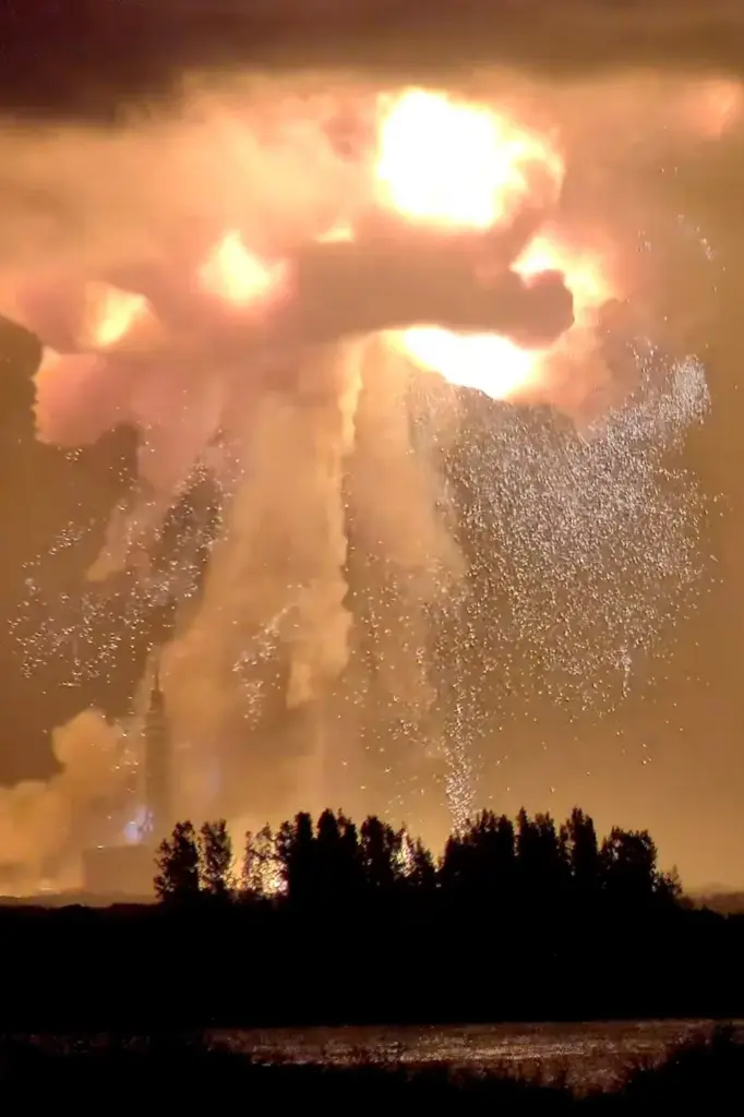 A Blue Origin New Glenn rocket explodes during an engine-firing...