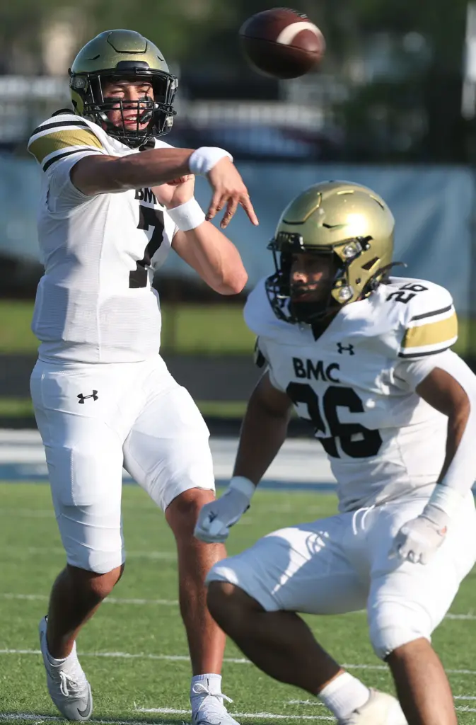 Bishop Moore quarterback Blake McCullough (7) throws during a Spring...