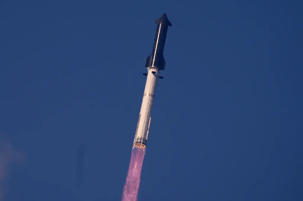 SpaceX’s mega rocket Starship makes a test flight from Starbase,...
