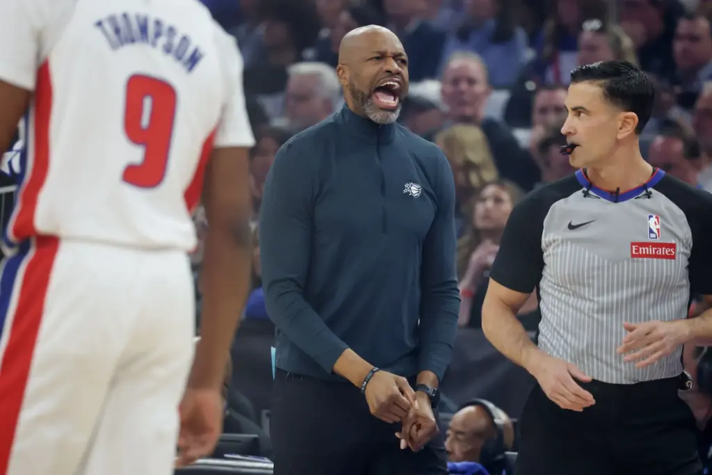 Orlando coach Jamahl Mosley yells during the Detroit Pistons at...