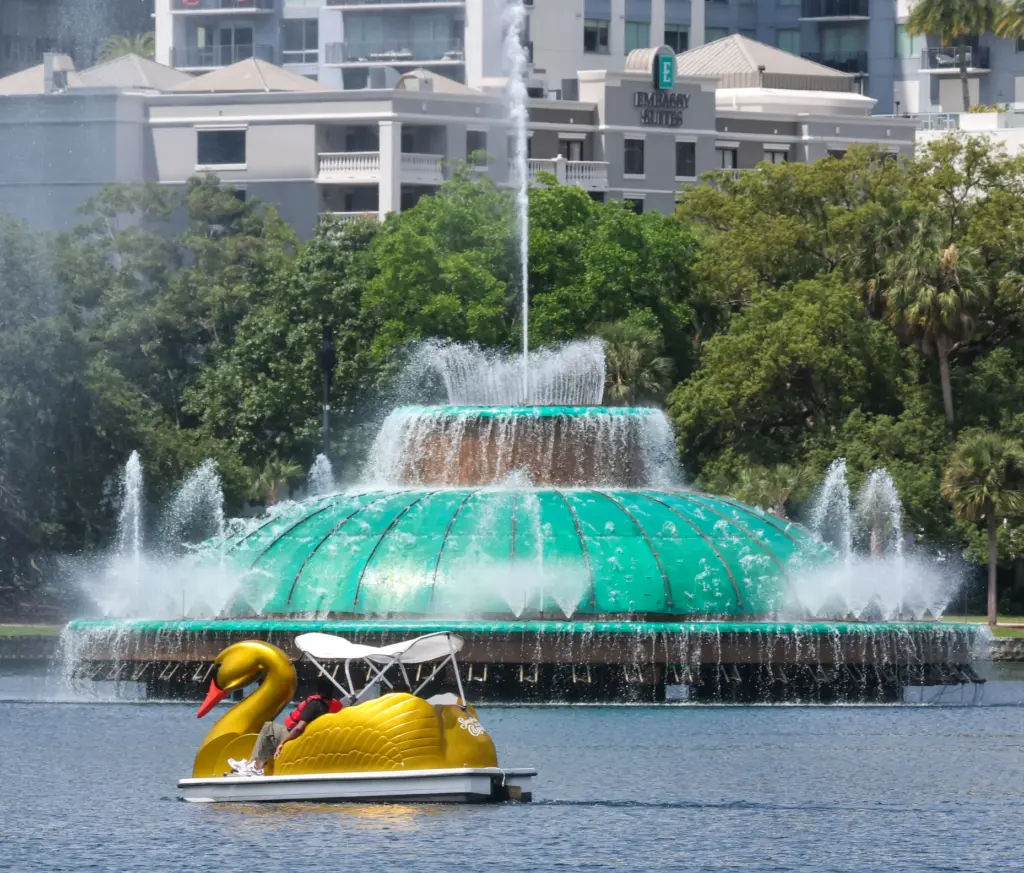 The gold swan boat commemorating 100 years on Lake Eola...