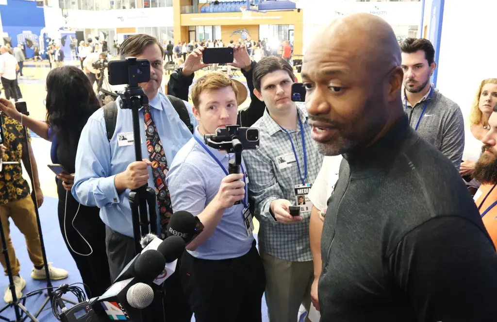 Orlando Magic head coach Jamahl Mosley is interviewed during Orlando...
