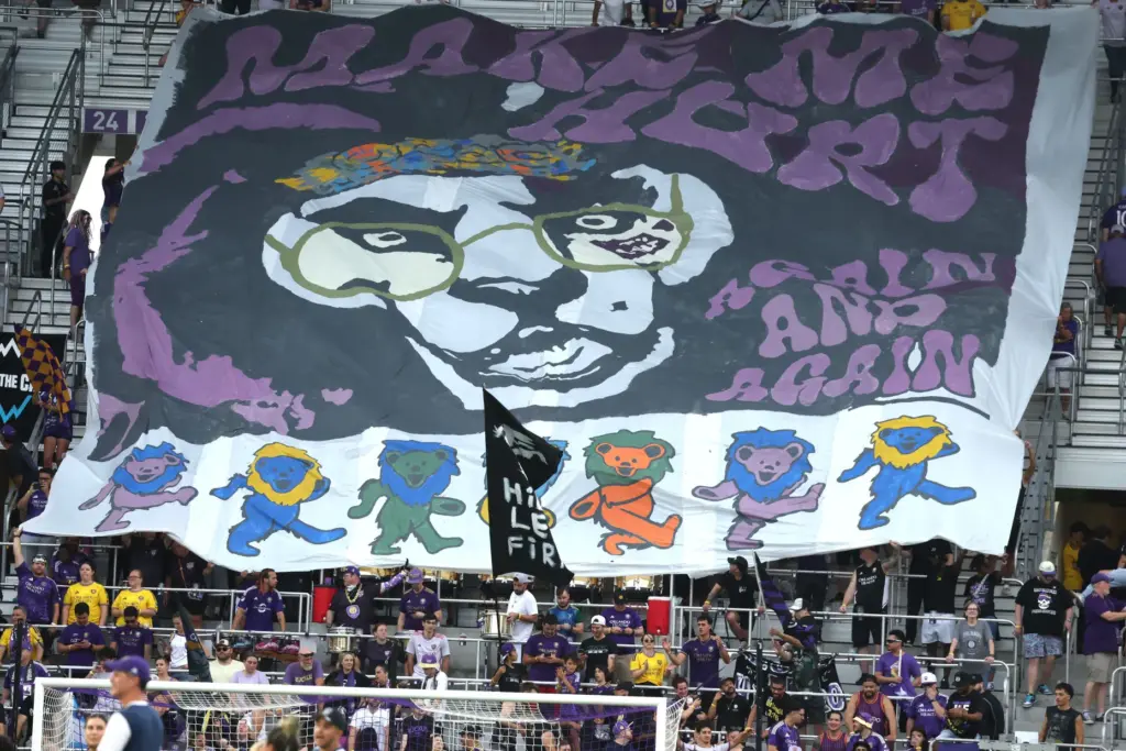 A colorful tifo is unfurled before the Atlanta United at...