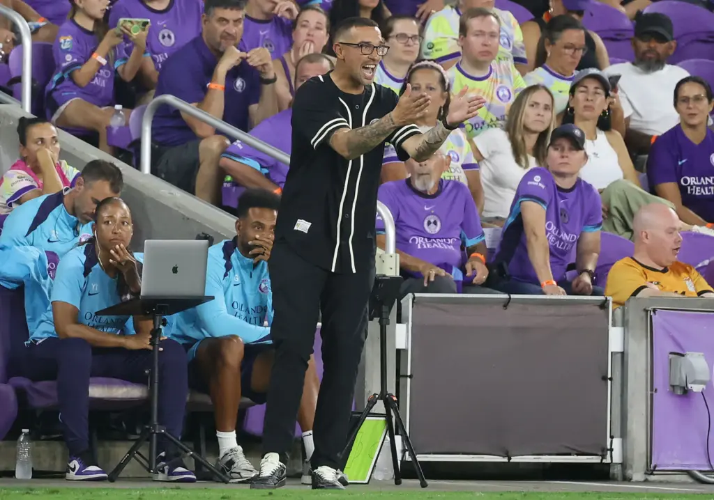 Orlando coach Seb Hines yells during the Bay FC at...