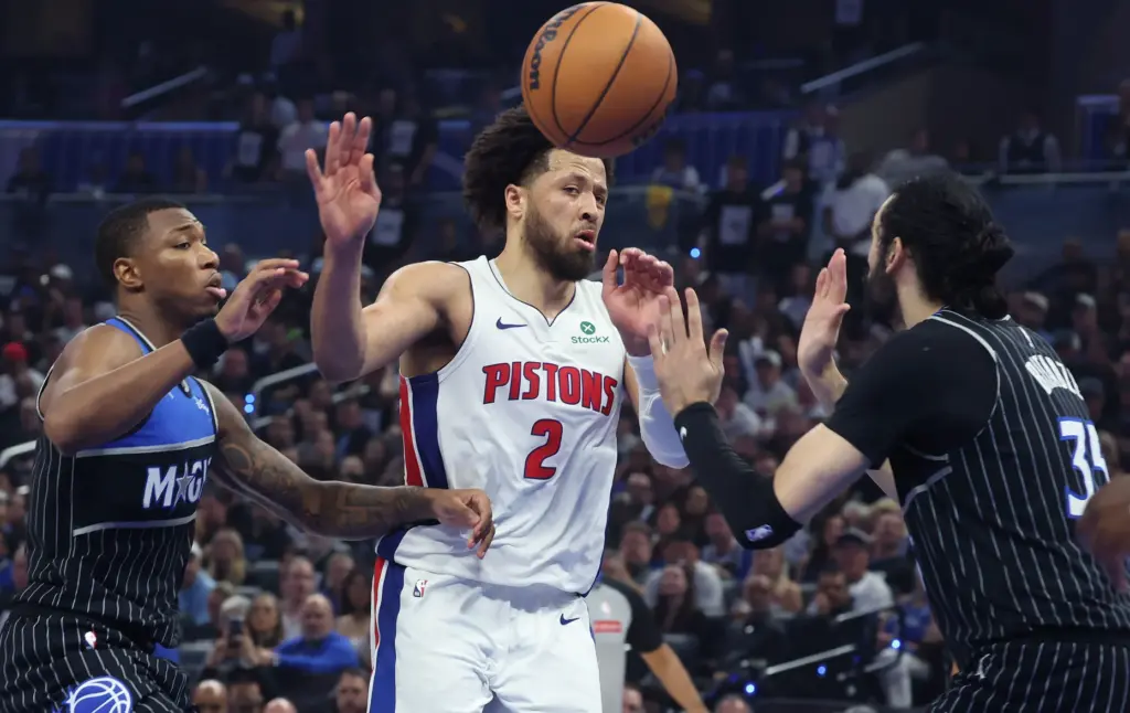 Detroit guard Cade Cunningham (2) passes during the Detroit Pistons...