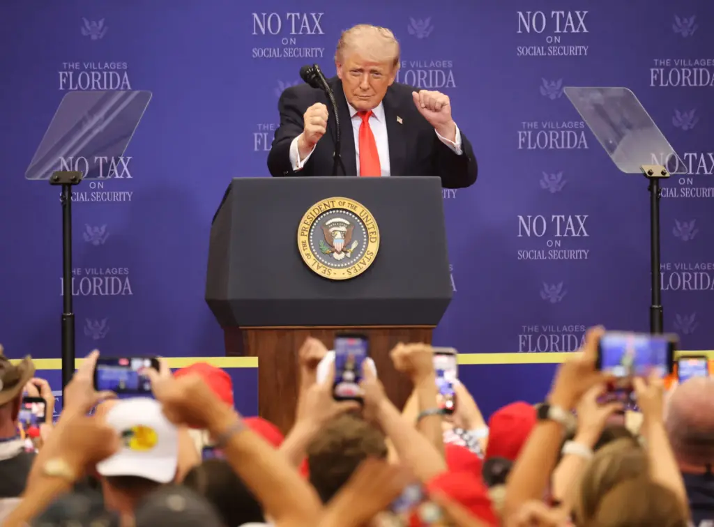 President Donald Trump dances to âYMCAâ to a cheering crowd...
