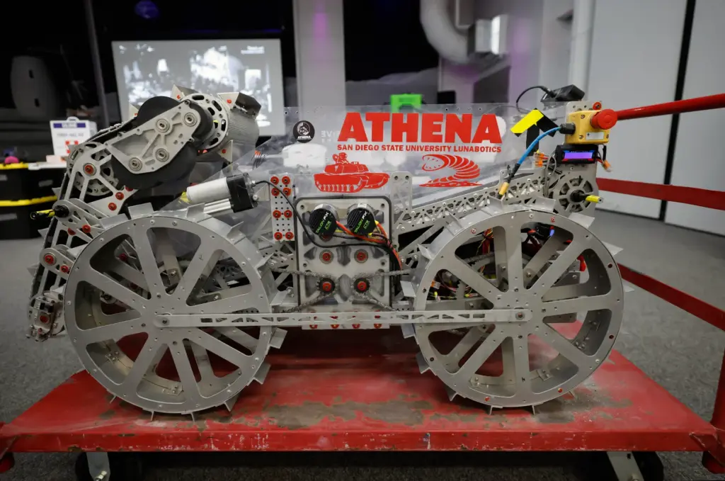 San Diego State University Lunaboticâs Athena robot before competing in...