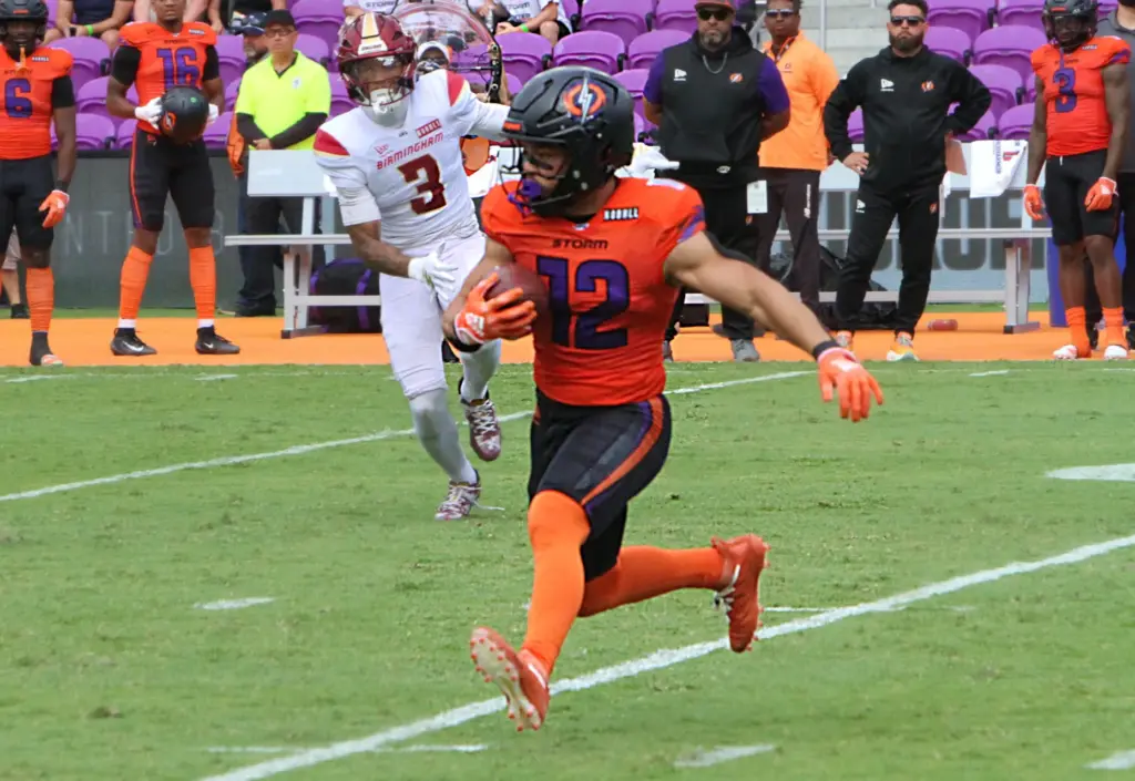 Orlando Storm receiver Chris Rowland runs down the field after...
