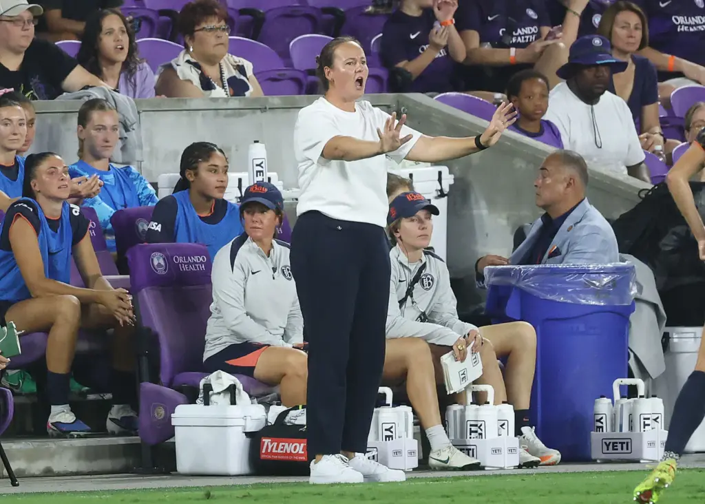 Bay FC coach Emma Coates signals during the Bay FC...