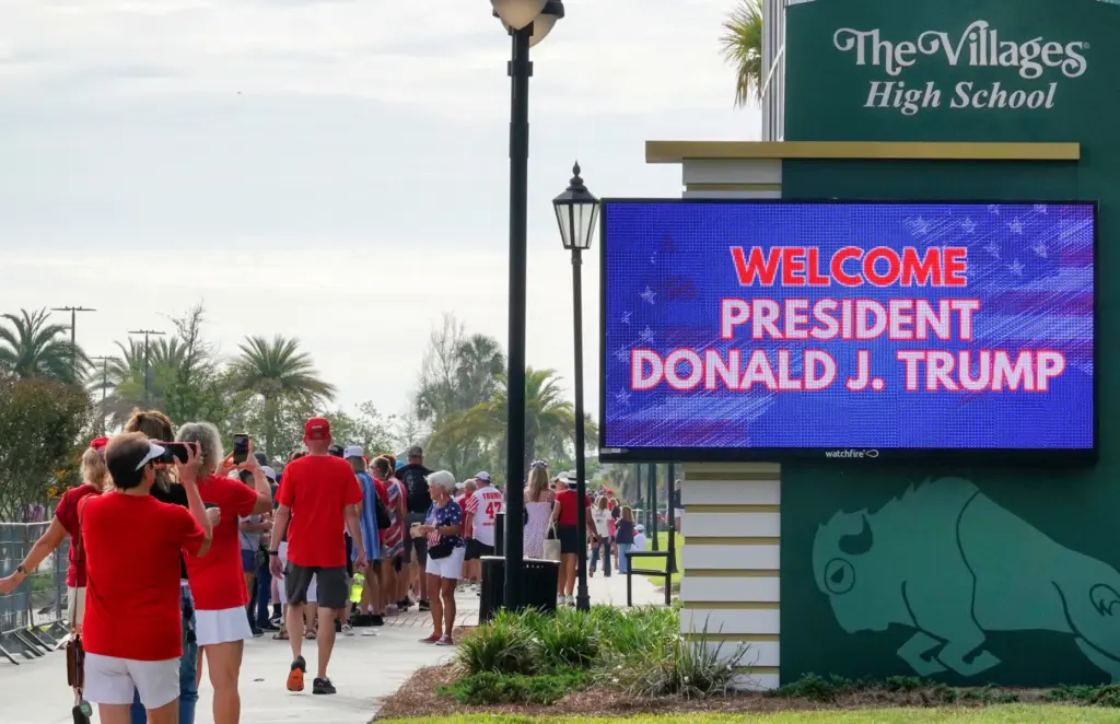 A sign welcomes President Donald Trump at The Villages High...