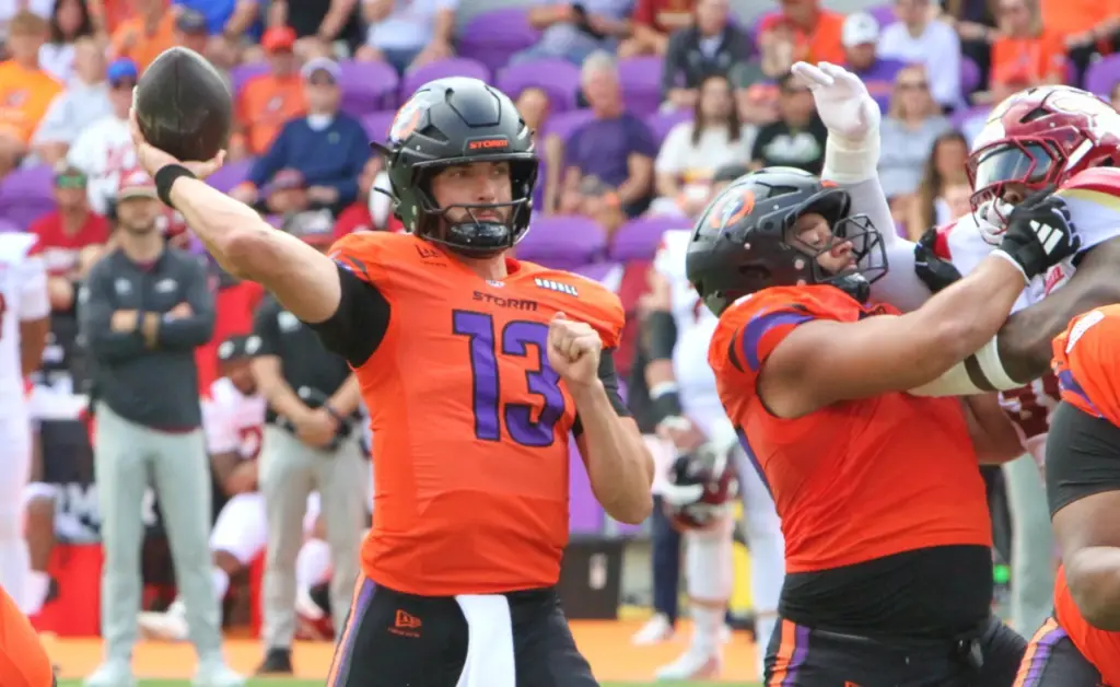 Orlando quarterback Jack Plummer throws a pass during the Birmingham...