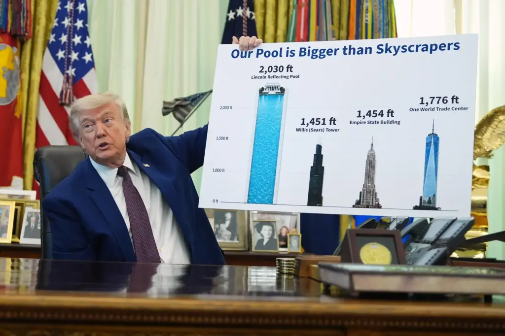 President Donald Trump holds a poster of the Lincoln Memorial...