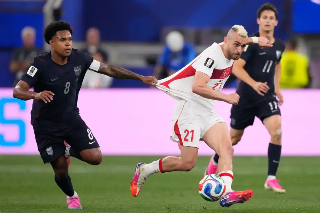 United States’ Weston McKennie grabs Turkey’s Baris Alper Yilmaz during...