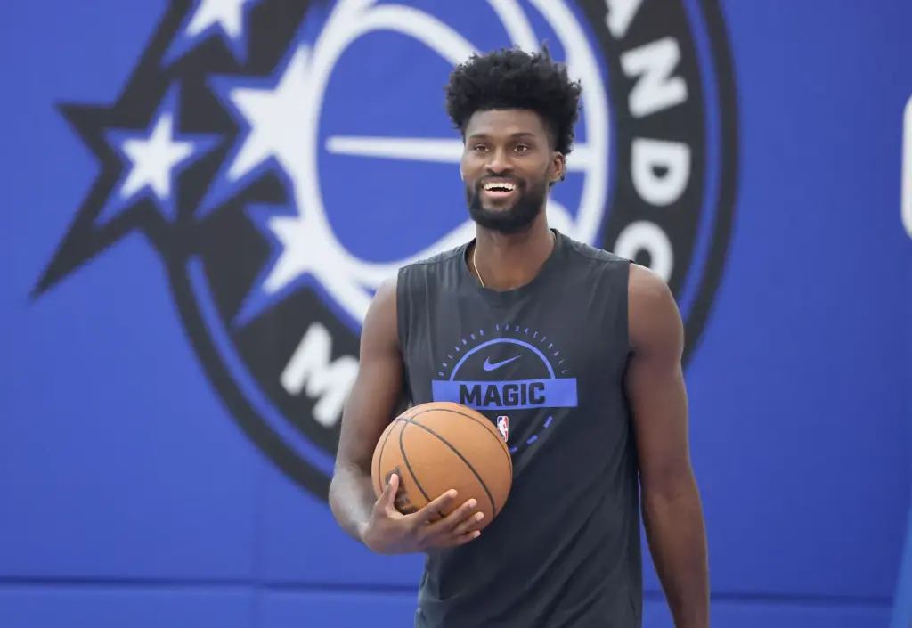 Orlando Magic forward Jonathan Isaac is pictured before a press...