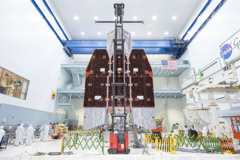 NASAâs Nancy Grace Roman Space Telescope stands fully assembled, following...
