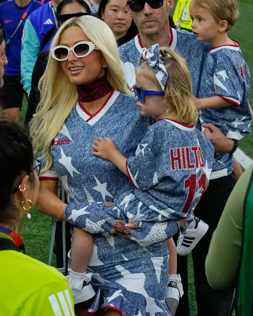 Paris Hilton reacts ahead of the World Cup Group D...