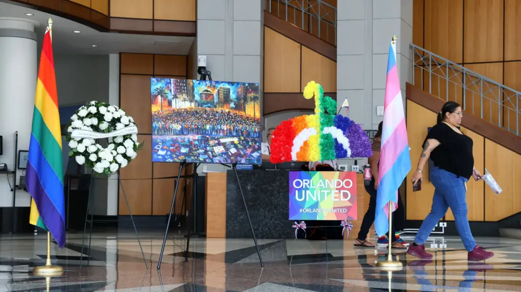 REMEMBERING PULSE â A memorial of flowers and flags in...