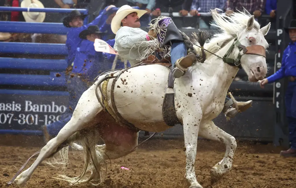 Wyatt Lavergne holds on to a bucking bronc during the...