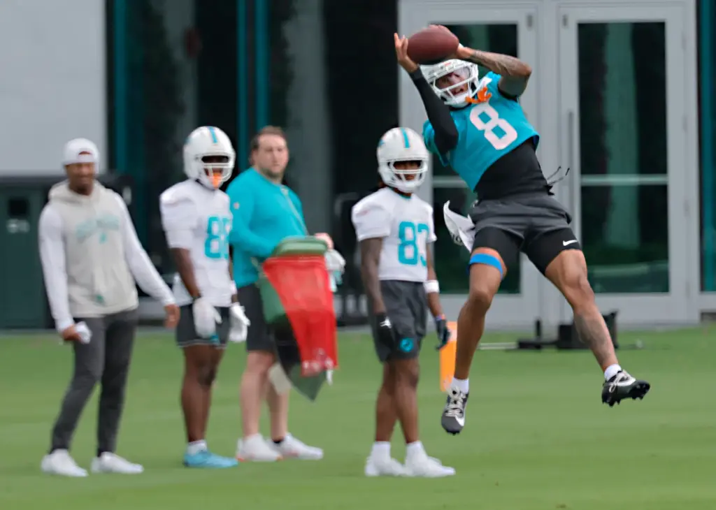 Miami Dolphins cornerback JuJu Brents goes up for a ball...