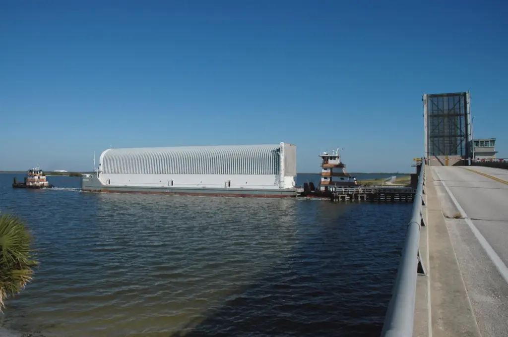 NASA's Pegasus barge passes under the Roy D. Bridges Bridge...