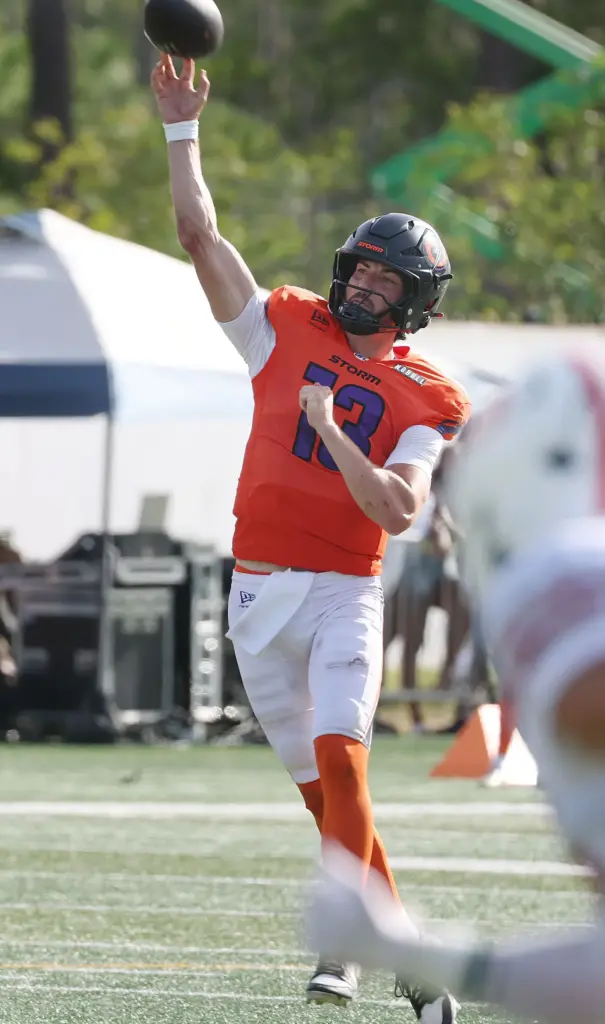 Storm quarterback Jack Plummer throws during the Orlando Storm versus...