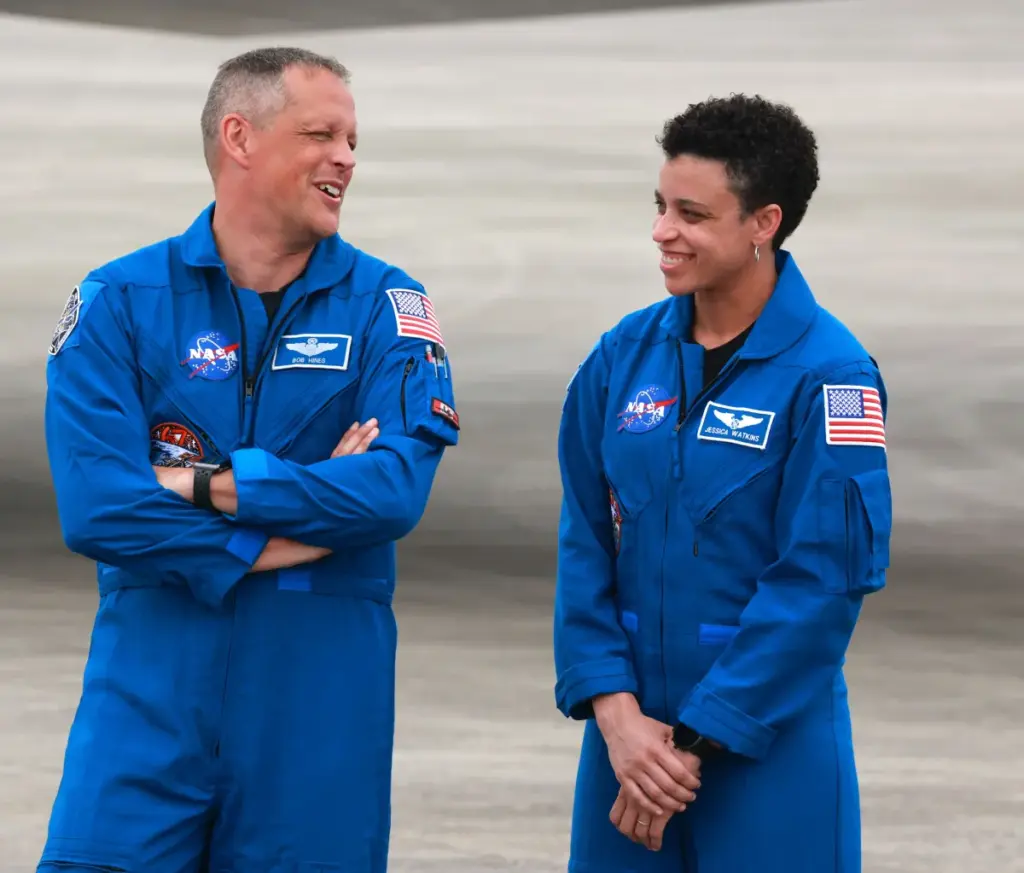 SpaceX Crew-4 astronauts Robert Hines and Jessica Watkins chat during...