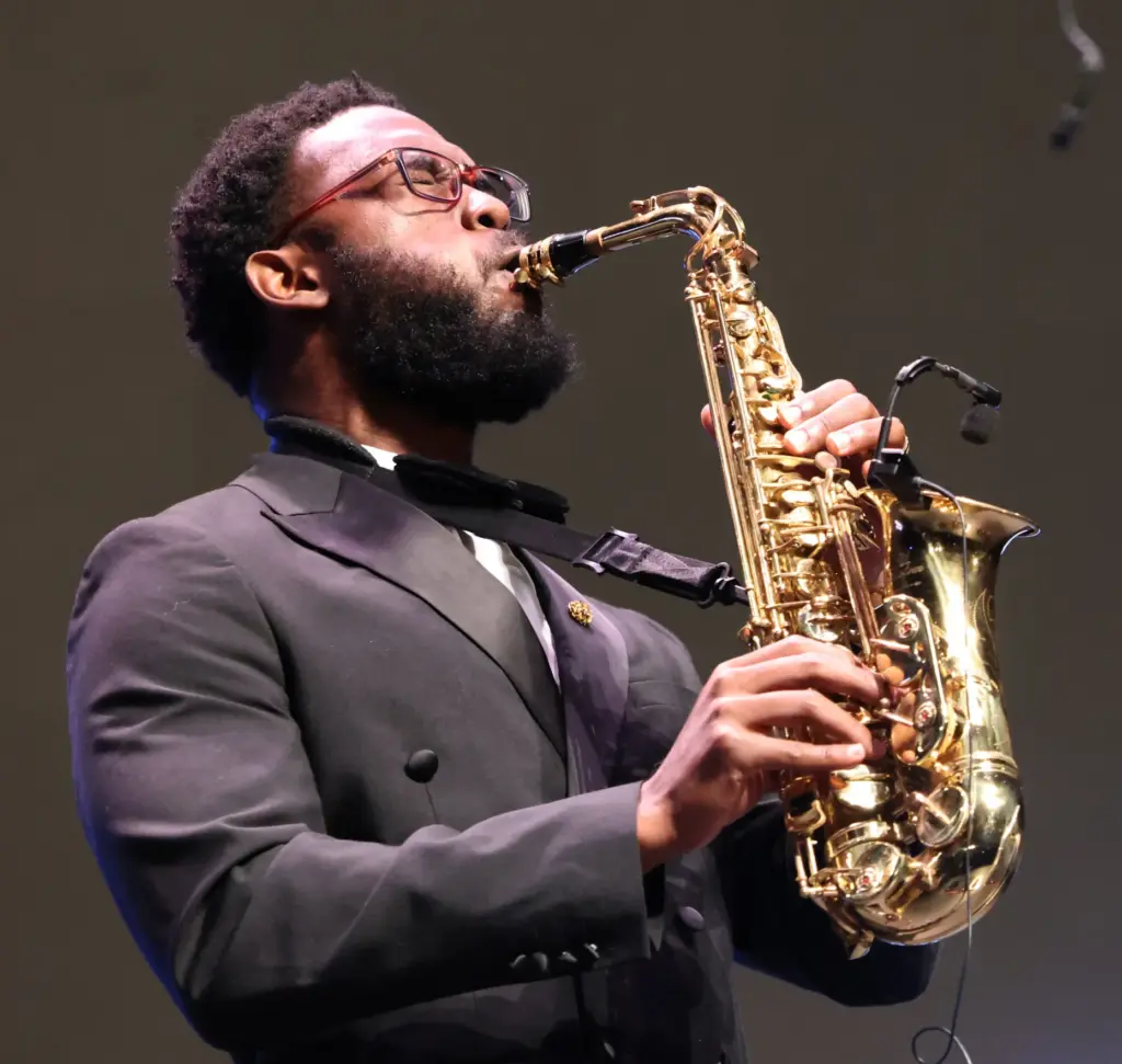 Saxophonist Emmanuel Grails performs at Orange County Mayor Jerry Demingsâ...