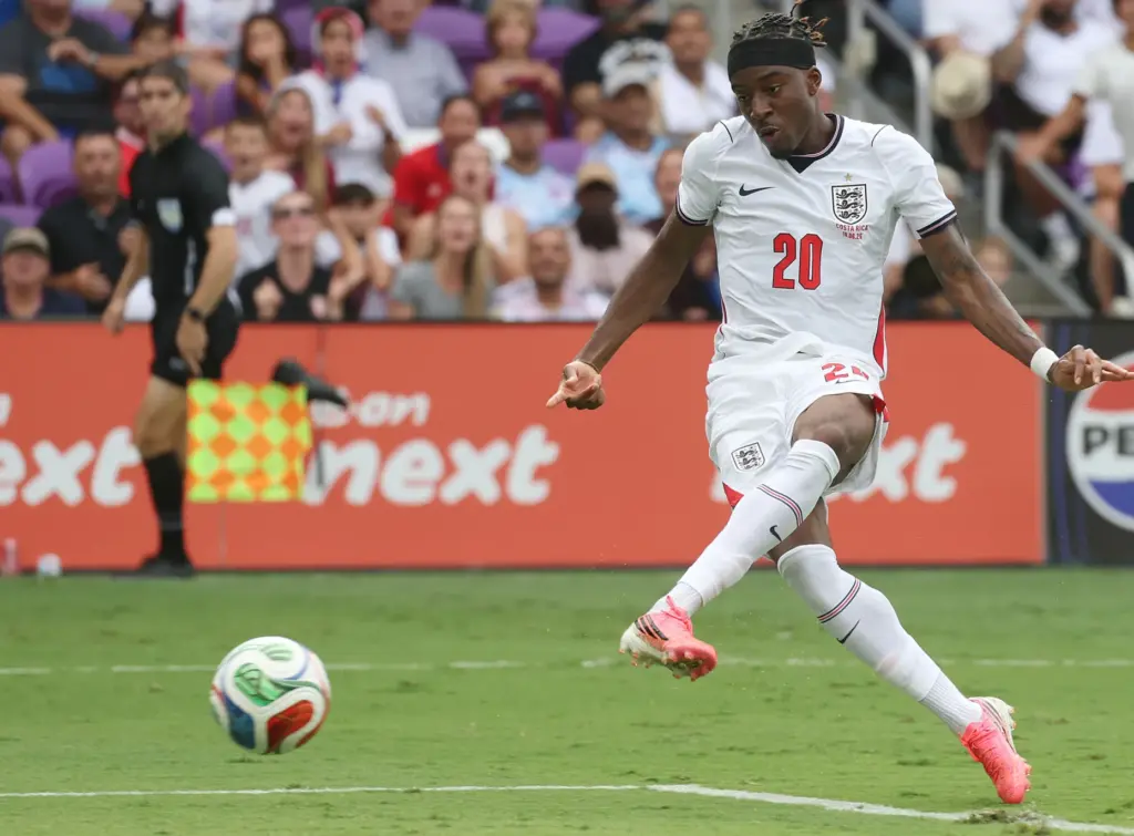 England player Chukwunonso Madueke kicks during the England versus Costa...