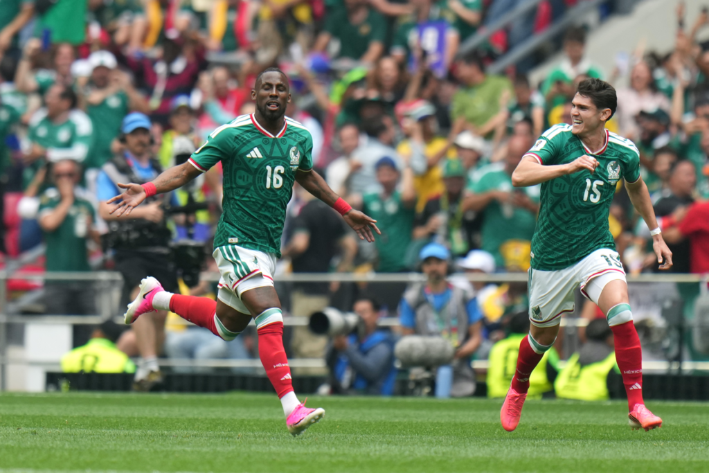 Mexico’s Julian Quinones (16) celebrates scoring their opening goal against...
