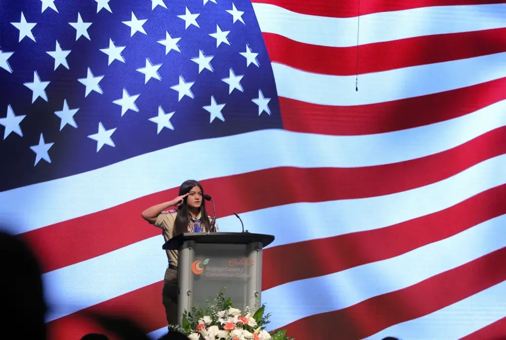 Eagle Scout Alana Rodante leads the Pledge of Allegiance at...