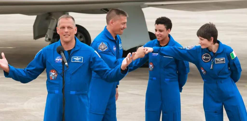 SpaceX Crew-4 astronauts enjoy a light moment while answering questions...