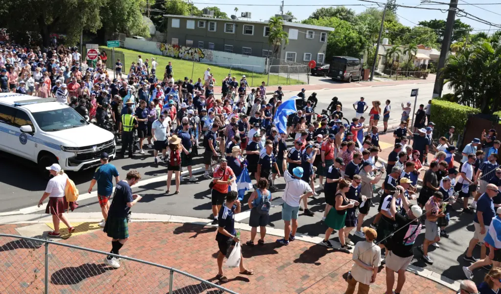 World Cup fans participate in the Scotland Tartan Army march through Little Havana to loanDepot park in Miami on Monday. (Carline Jean/South Florida Sun Sentinel)