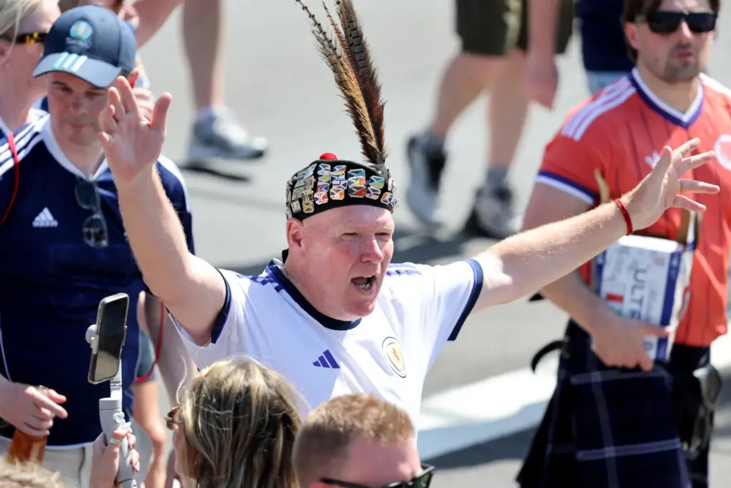 World Cup fans enter loanDepot park after the Scotland Tartan Army march from Little Havana to loanDepot park in Miami on Monday. (Carline Jean/South Florida Sun Sentinel)