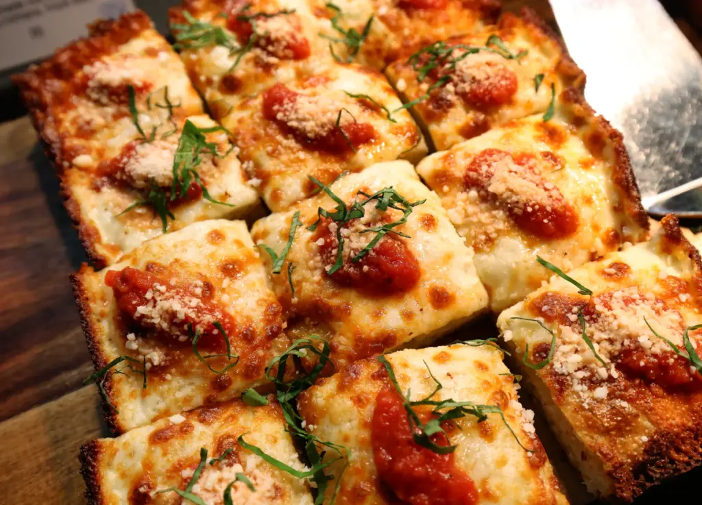 Detroit-style pizza is served during the preview event at Level99,...