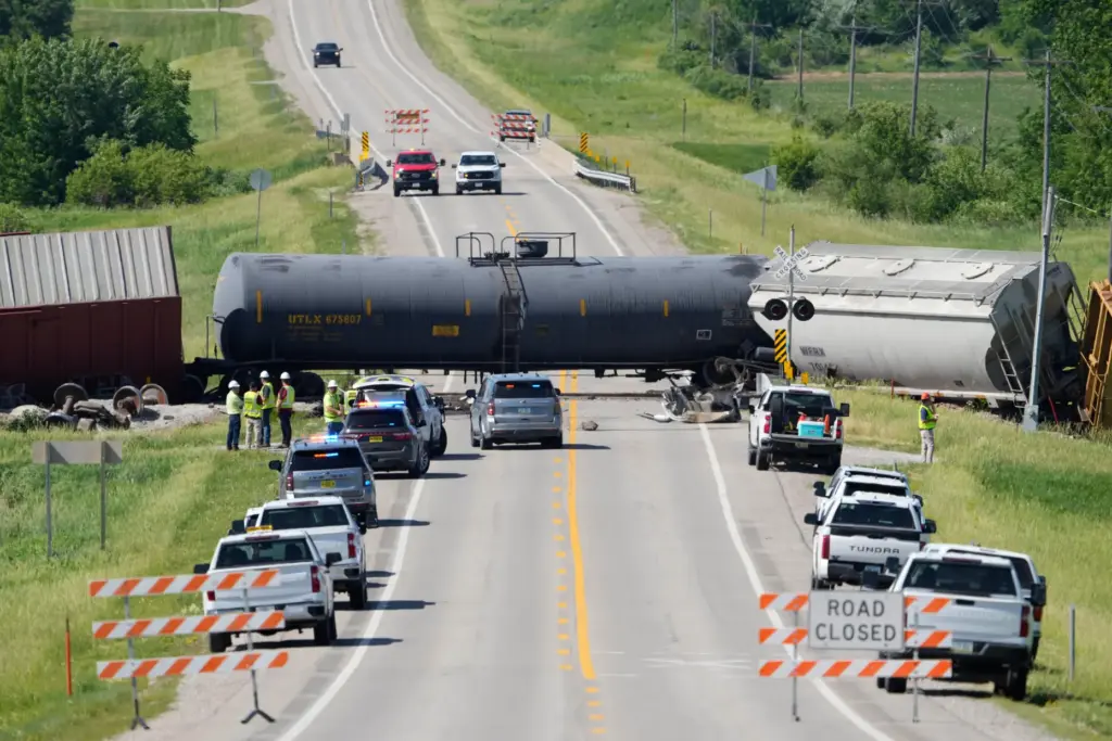 Workers and law enforcement respond after a train derailed on...