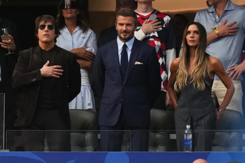 Tom Cruise, David Beckham and Victoria Beckham, from left to...