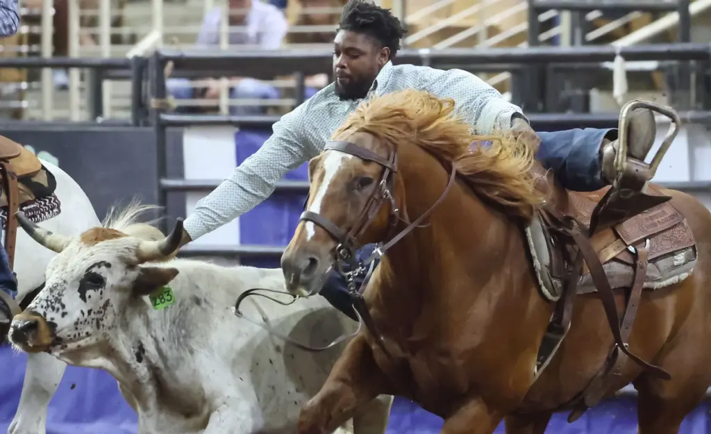 Tayelen Seabrook leaps from his horse to wrestle a steer...