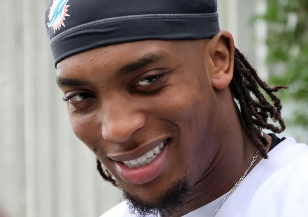 Miami Dolphins running back Ollie Gordon II speaks to the...