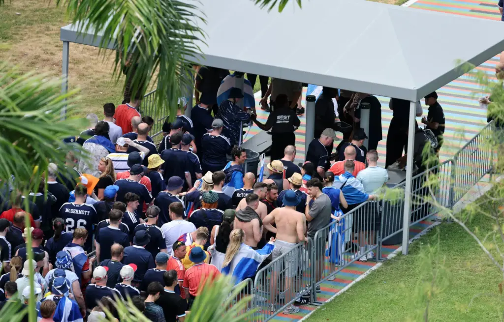 World Cup fans enter loanDepot park after the Scotland Tartan...