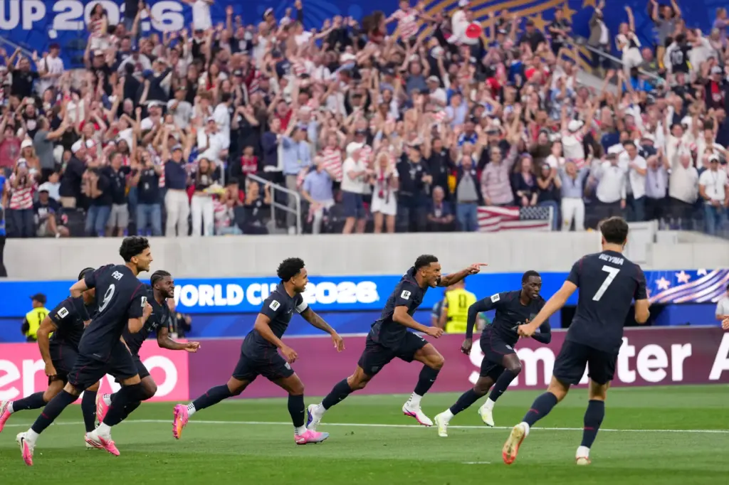 United States’ Auston Trusty celebrates scoring the opening goal during...