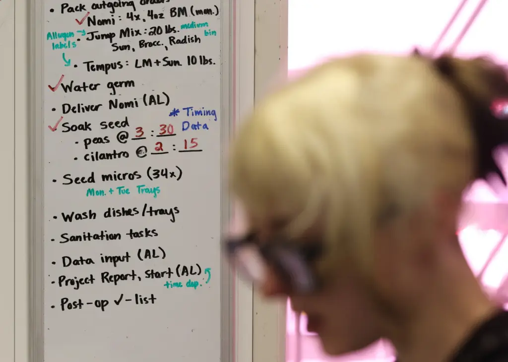 A to-do list is posted next to a vertical farm...