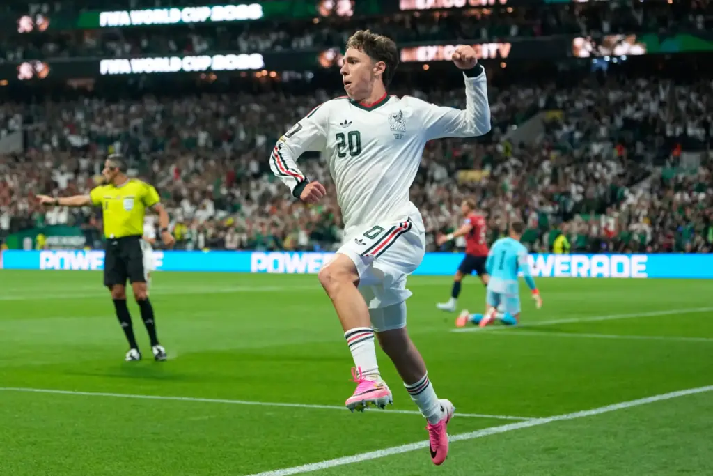 Mexico’s Mateo Chavez celebrates scoring the opening goal during a...