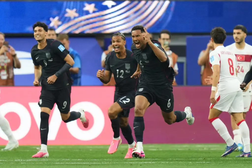 United States’ Auston Trusty (6) celebrates scoring his side’s first...