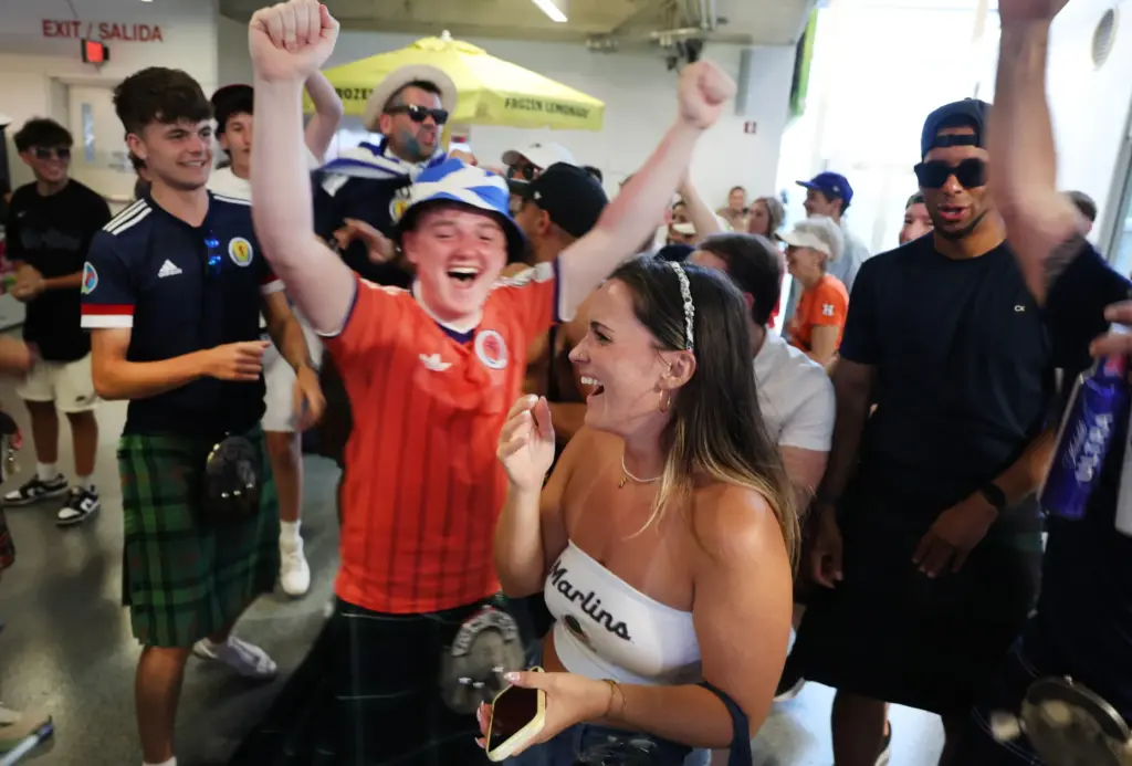 World Cup fans gather at loanDepot park in Miami after a Scotland Tartan Army march from Little Havana on Monday. (Carline Jean/South Florida Sun Sentinel)