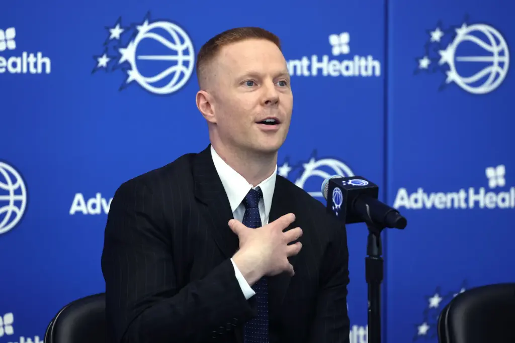 New Orlando Magic head coach Sean Sweeney speaks during a...