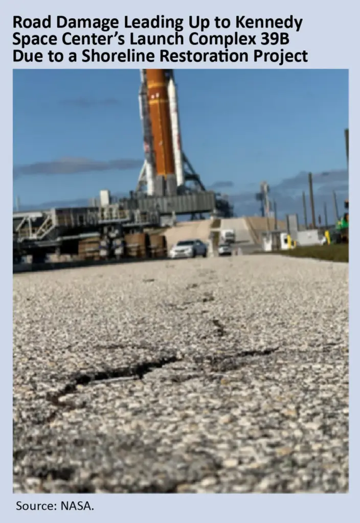 Road damage leading up to Kennedy Space Center Launch Complex...