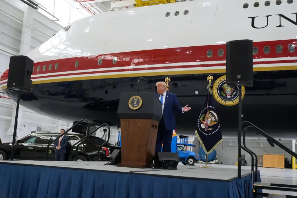 President Donald Trump speaks after touring the newly designated Air...