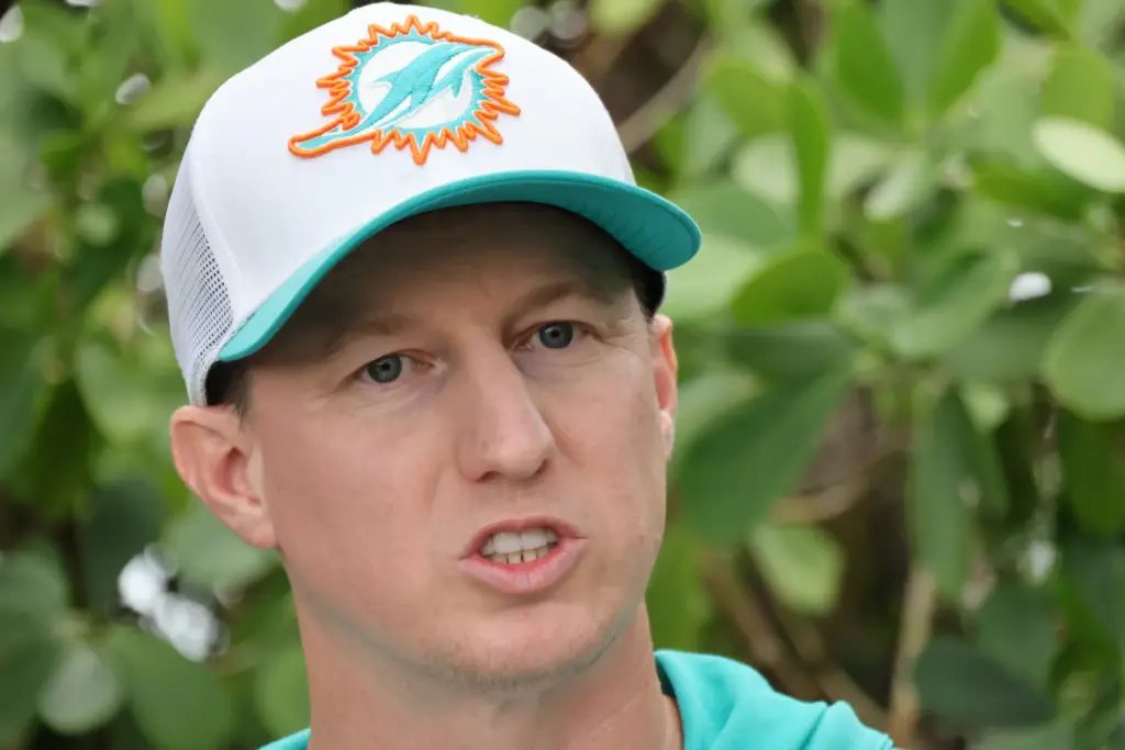 Miami Dolphins offensive coordinator Bobby Slowik speaks to the media...