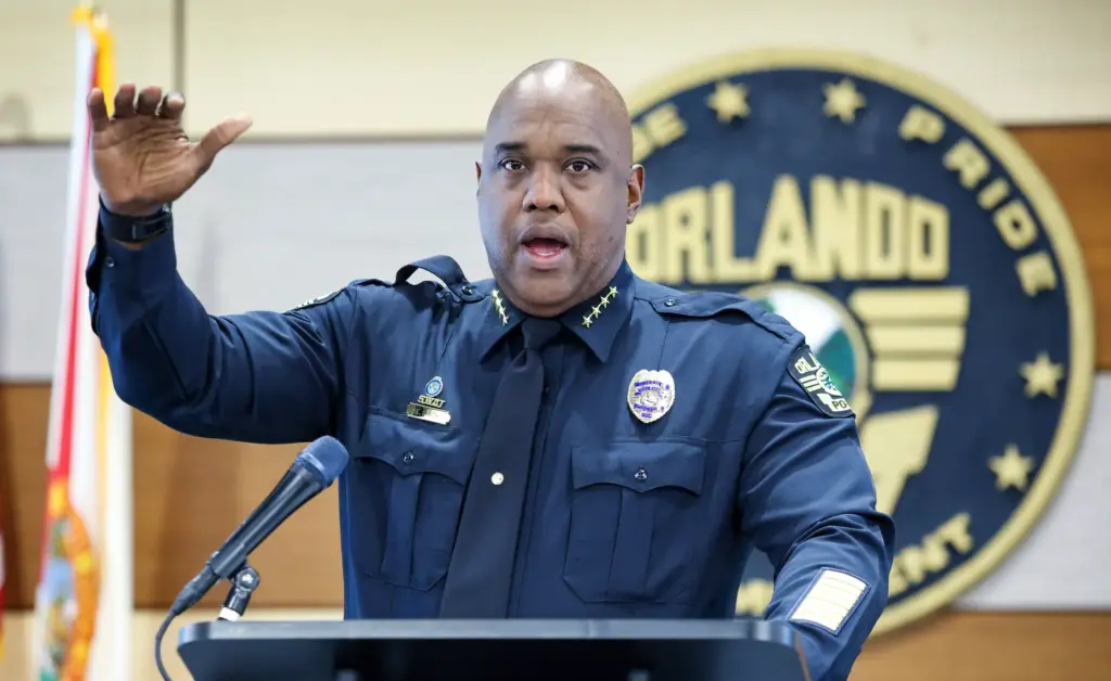 Orlando Police Chief Eric Smith delivers remarks during the debut...